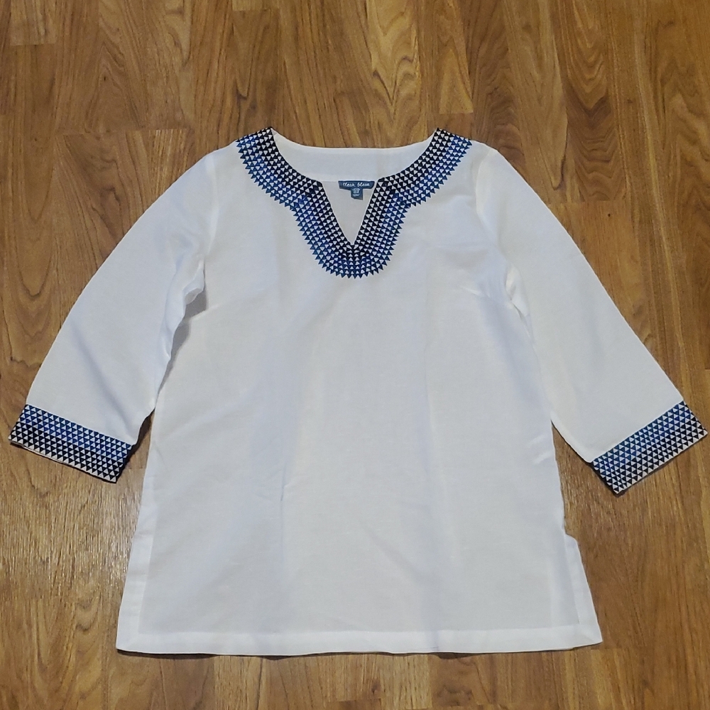 Fleur Bleue by Anthropologie White & Blue Embroidered Tunic Linen Womens M